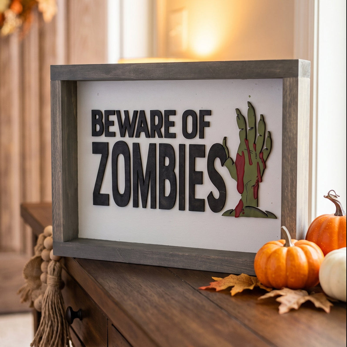 Beware of Zombies Framed Wood Sign | Halloween Wall & Shelf Decor