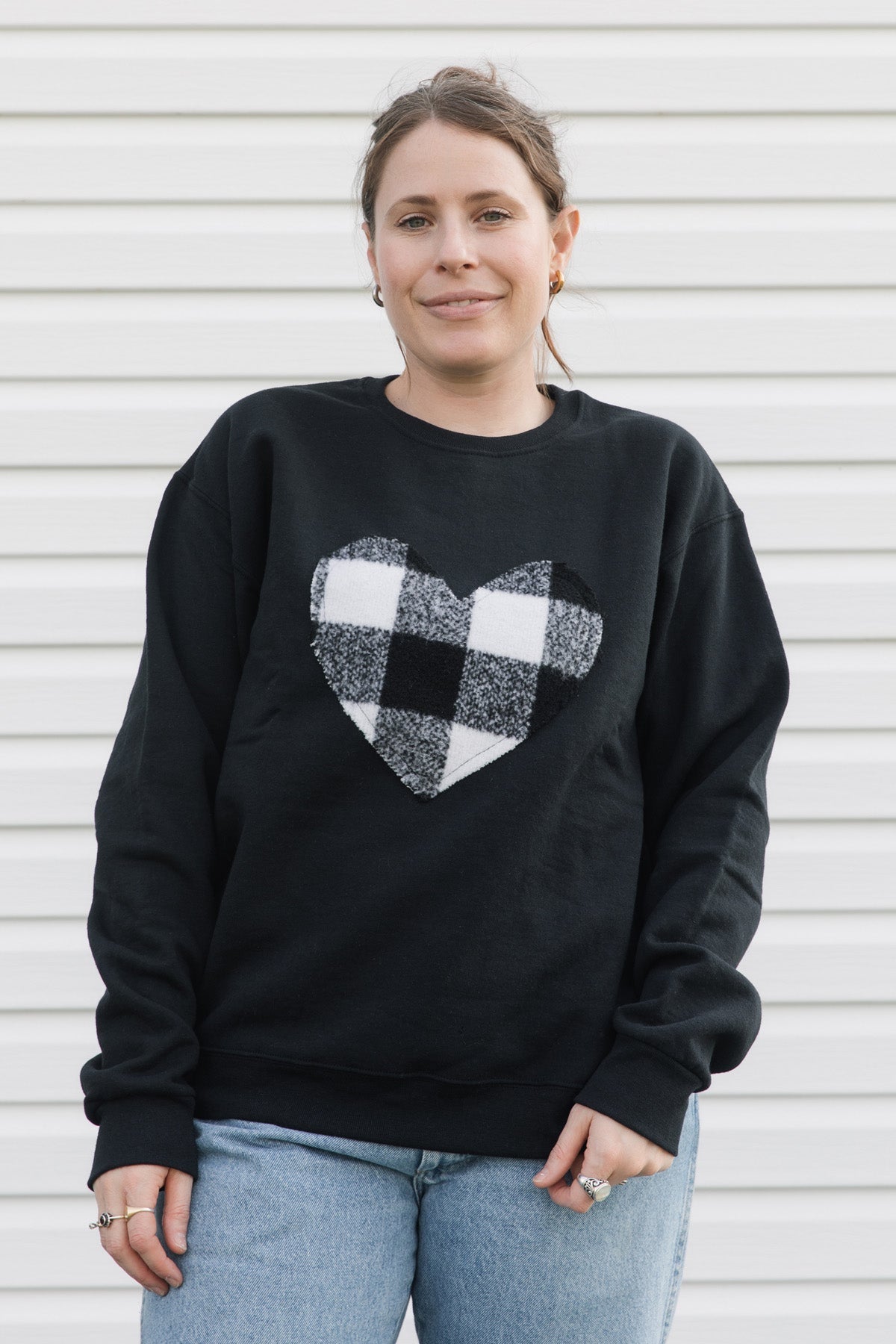 White Plaid Heart | Black Crewneck Sweater