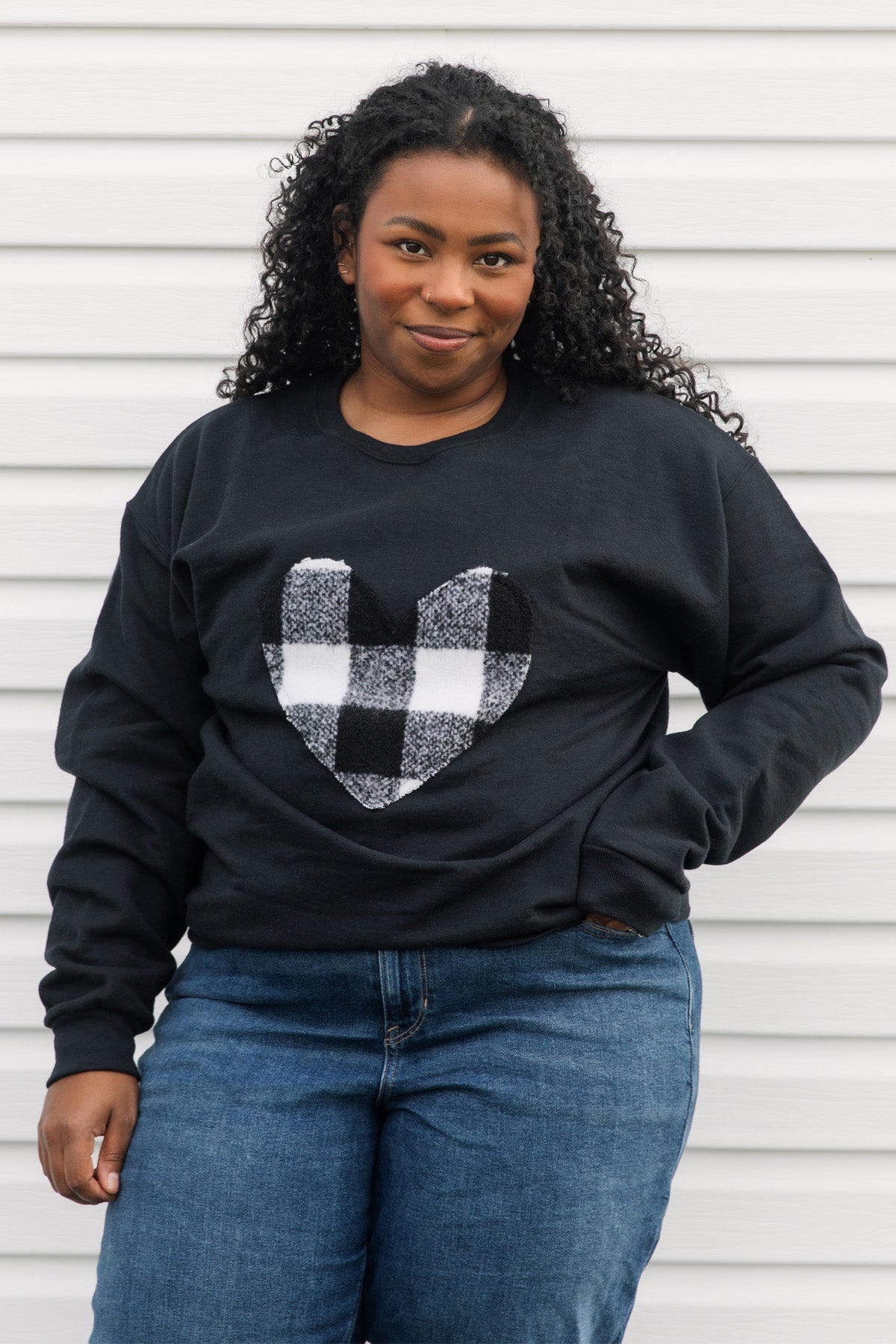 White Plaid Heart | Black Crewneck Sweater