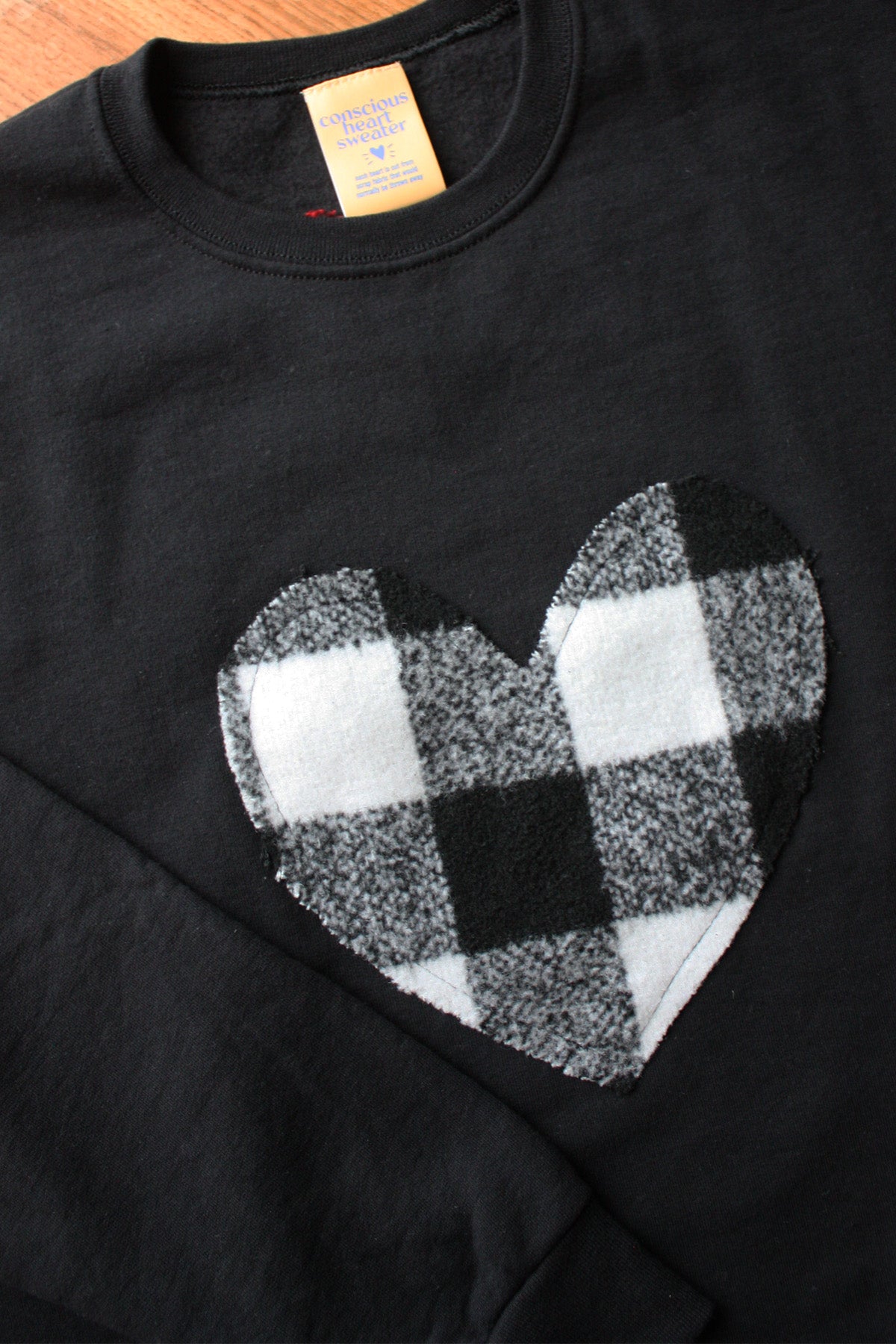 White Plaid Heart | Black Crewneck Sweater