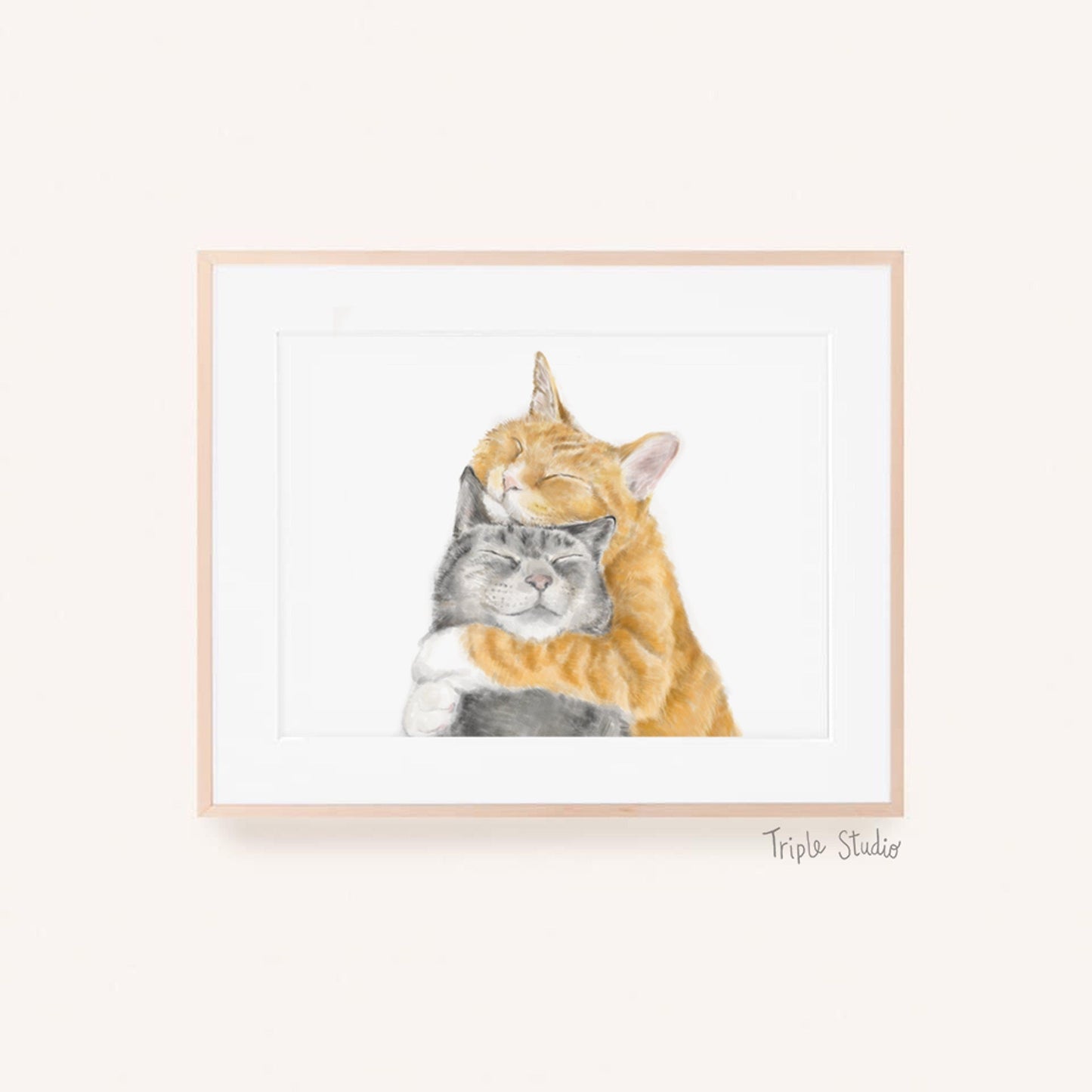 Cat Cuddles Art Print - Modern Gray and Orange Tabby Watercolor Poster