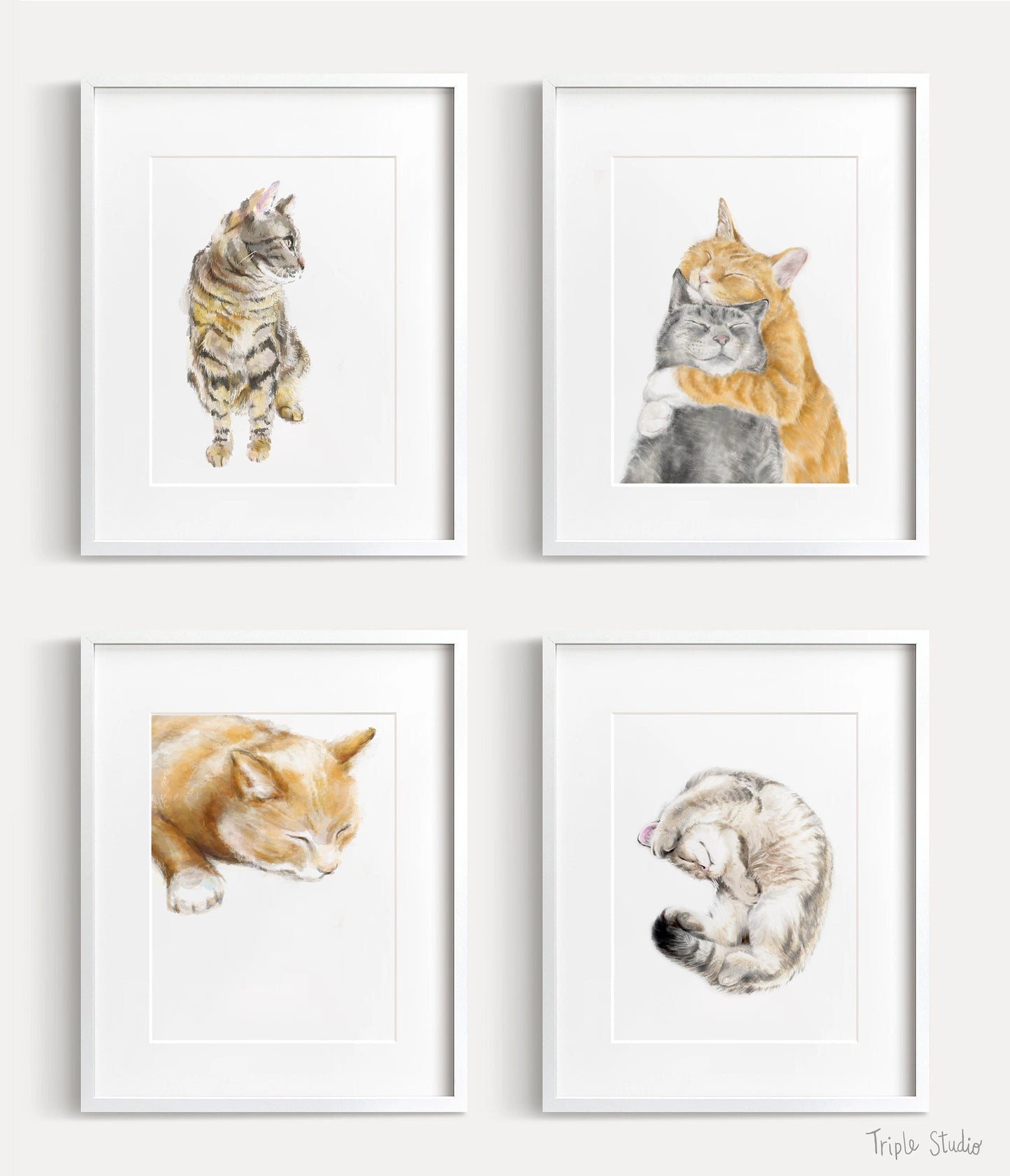 Cat Cuddles Art Print - Modern Gray and Orange Tabby Watercolor Poster
