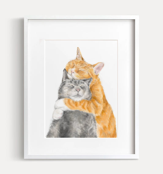 Cat Cuddles Art Print - Modern Gray and Orange Tabby Watercolor Poster
