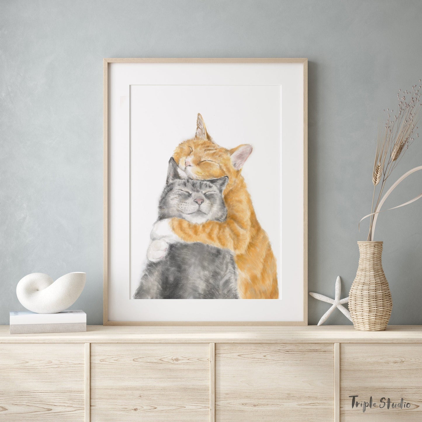 Cat Cuddles Art Print - Modern Gray and Orange Tabby Watercolor Poster