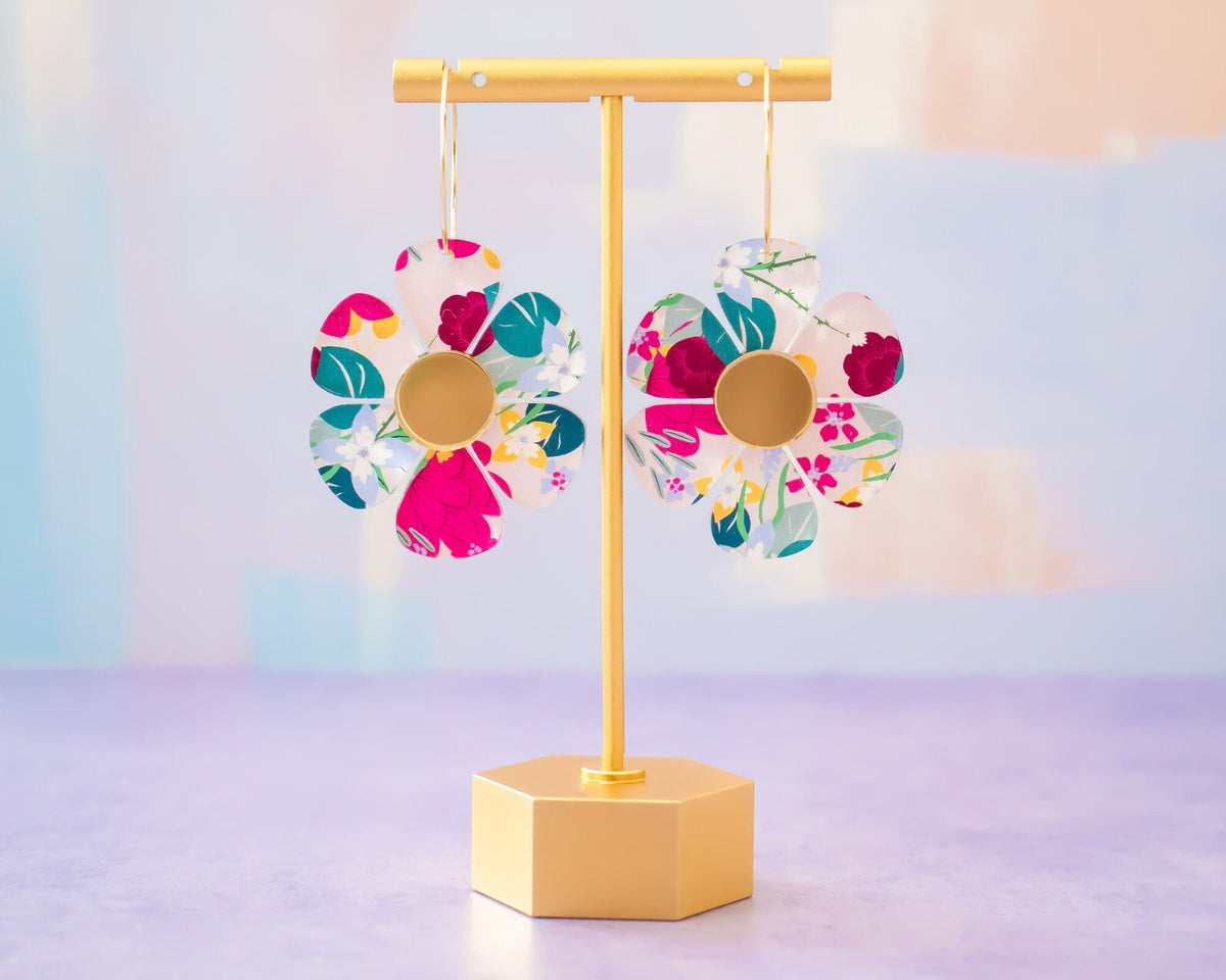 Retro Daisy Earrings, Flower Hoops