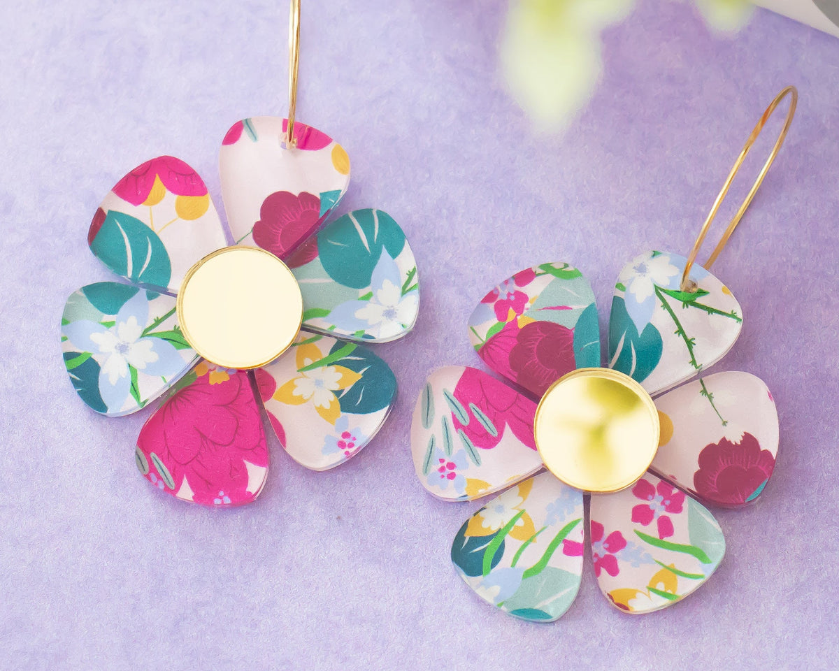 Retro Daisy Earrings, Flower Hoops