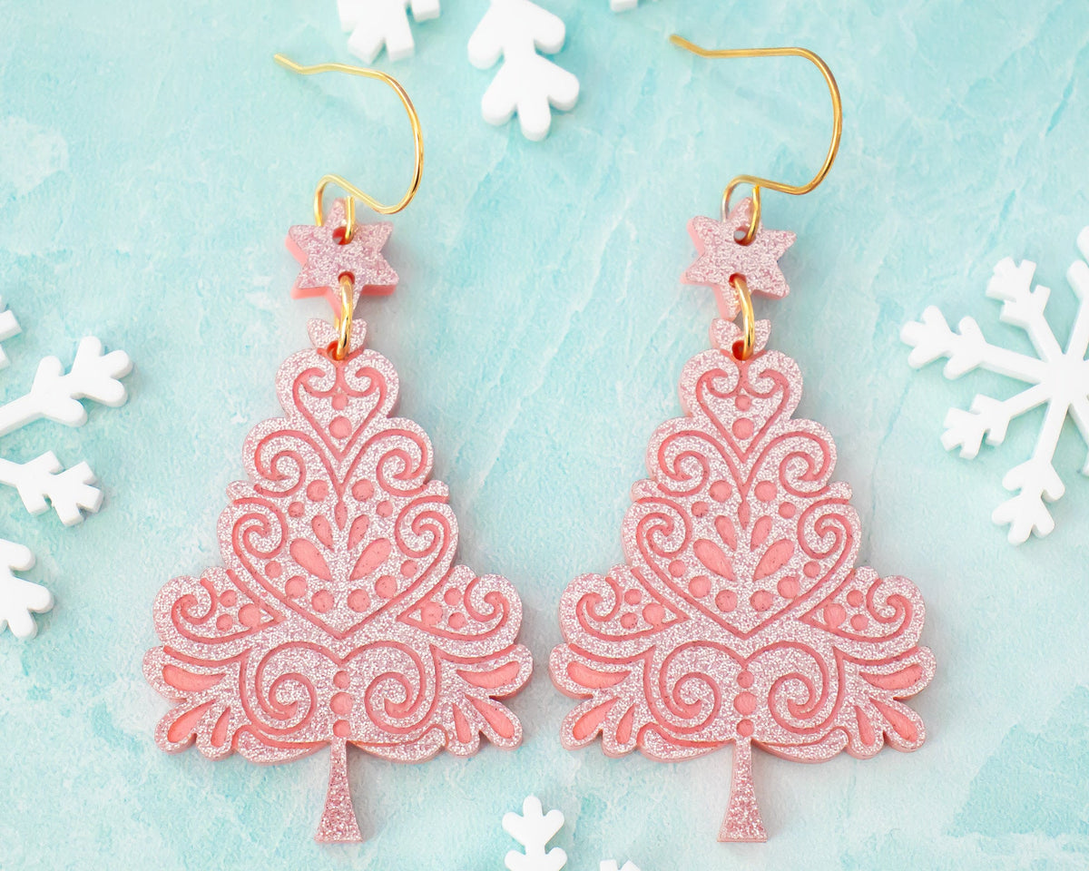 Pink Sparkly Christmas Tree Earrings