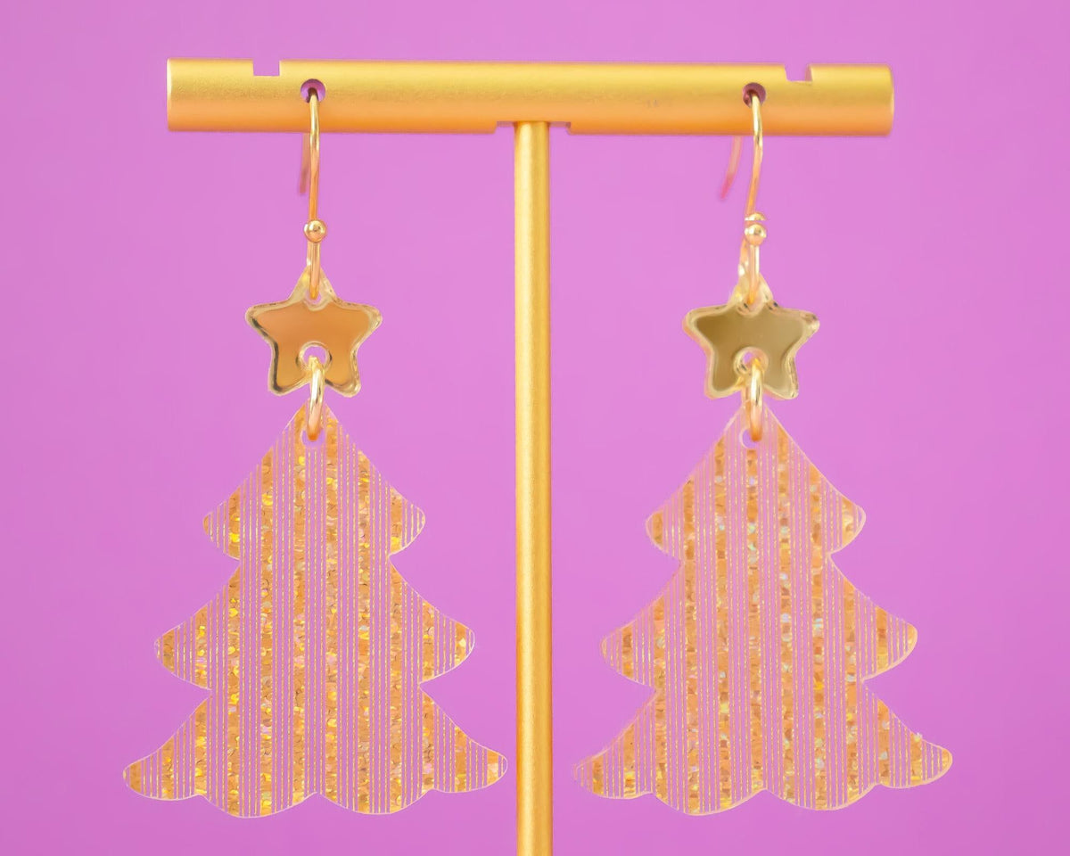 Gold Tinsel Christmas Tree Earrings