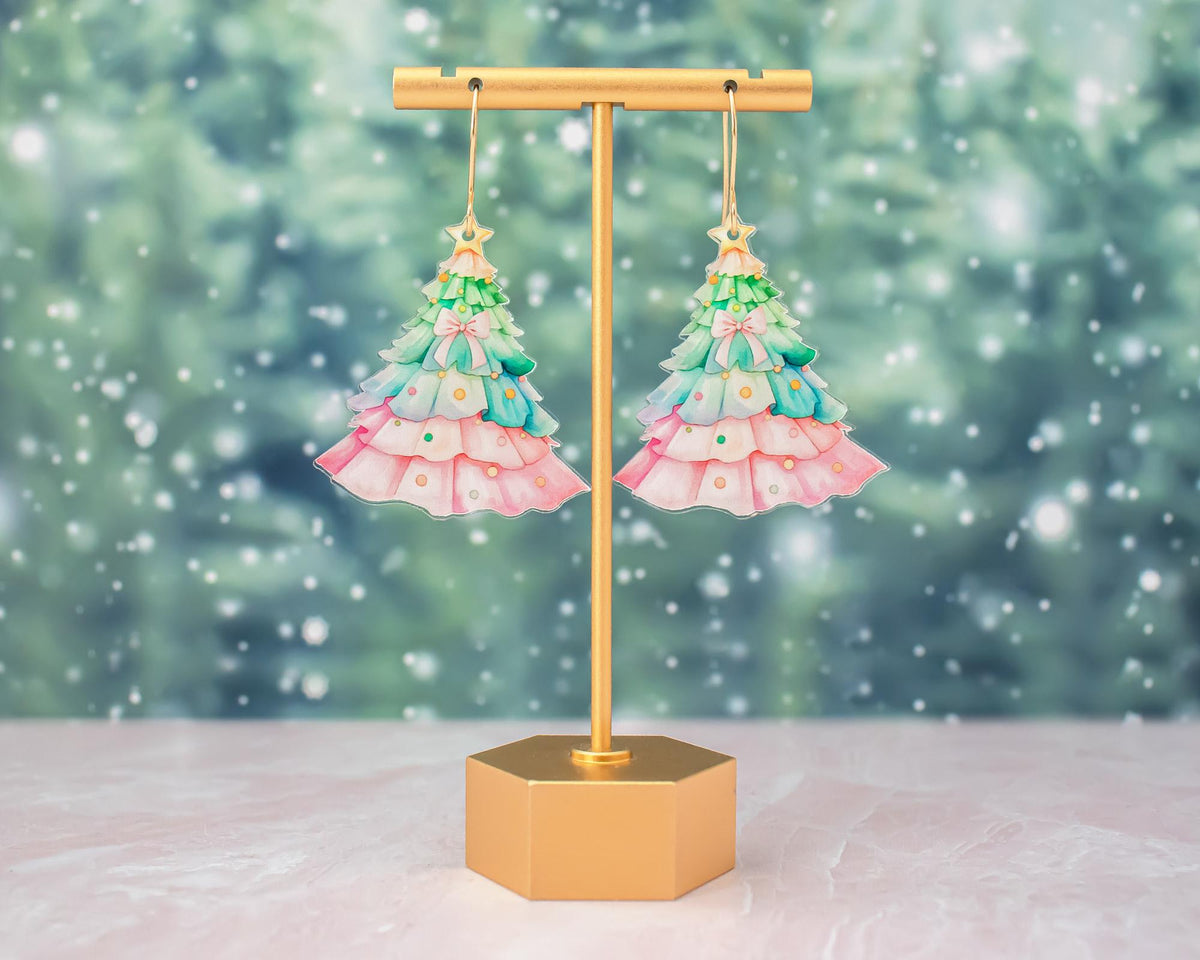 Pink Bow Christmas Tree Earrings