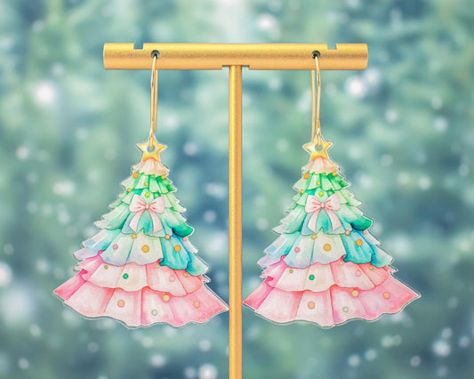 Pink Bow Christmas Tree Earrings