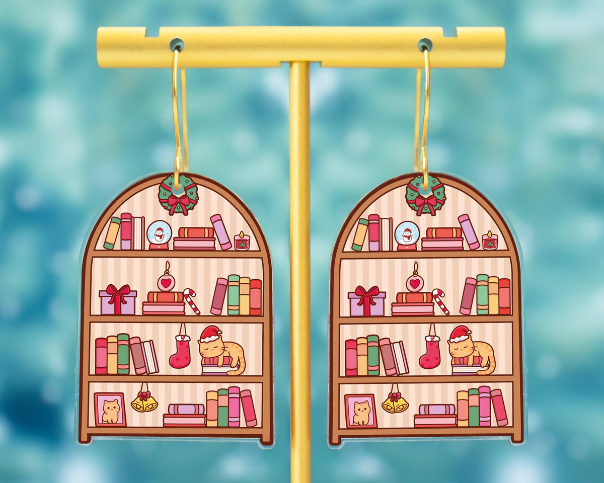 Christmas Cat Bookshelf Earrings