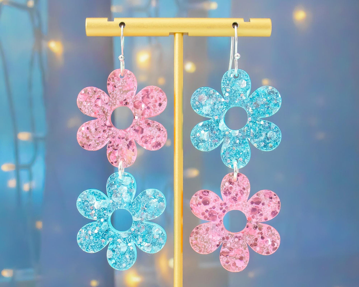 Pastel Pink & Blue Double Flower Glitter Earrings