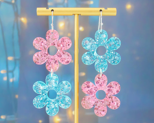 Pastel Pink & Blue Double Flower Glitter Earrings