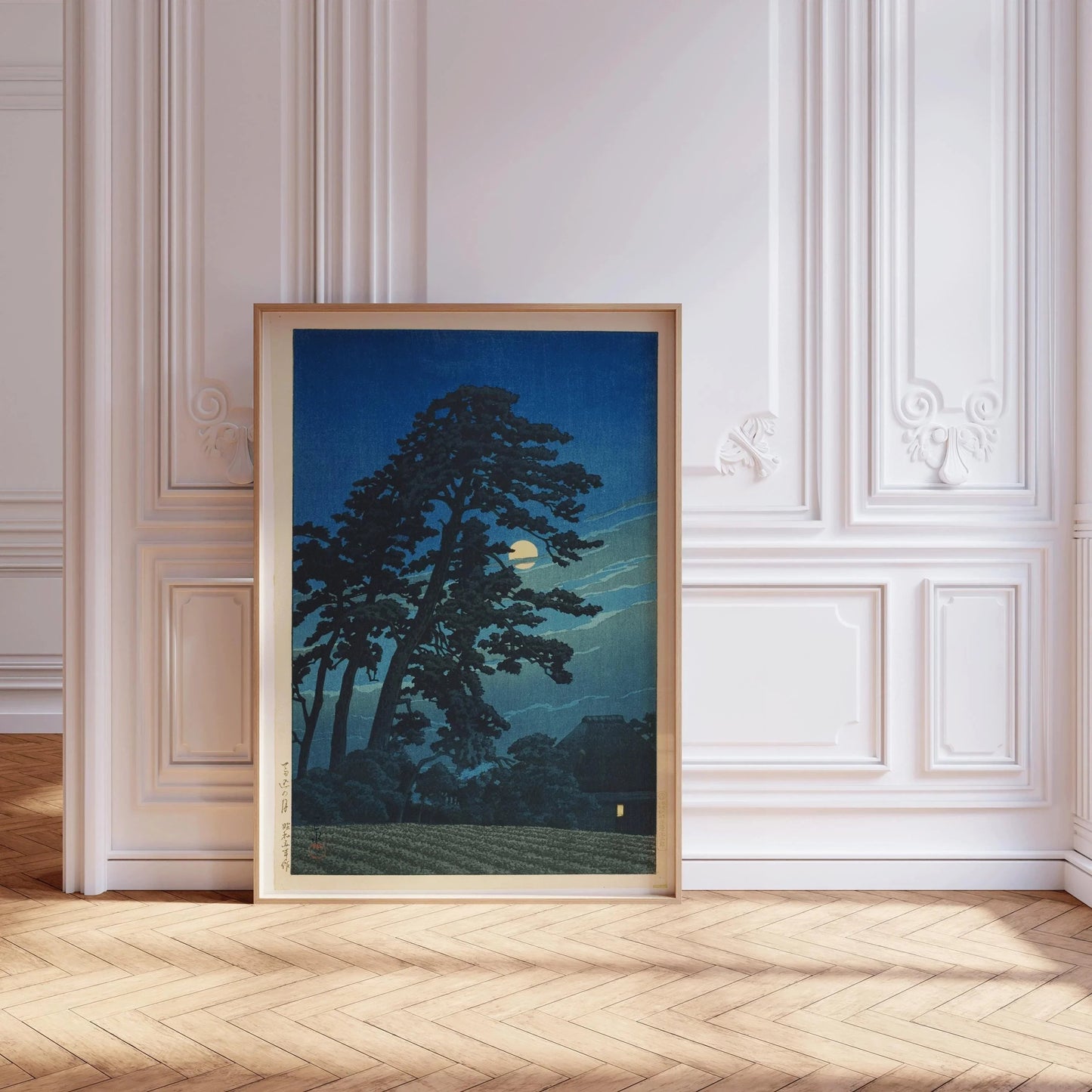 Estampe de Kawase Hasui représentant la lune à Umagome : art ancien japonais sur bois