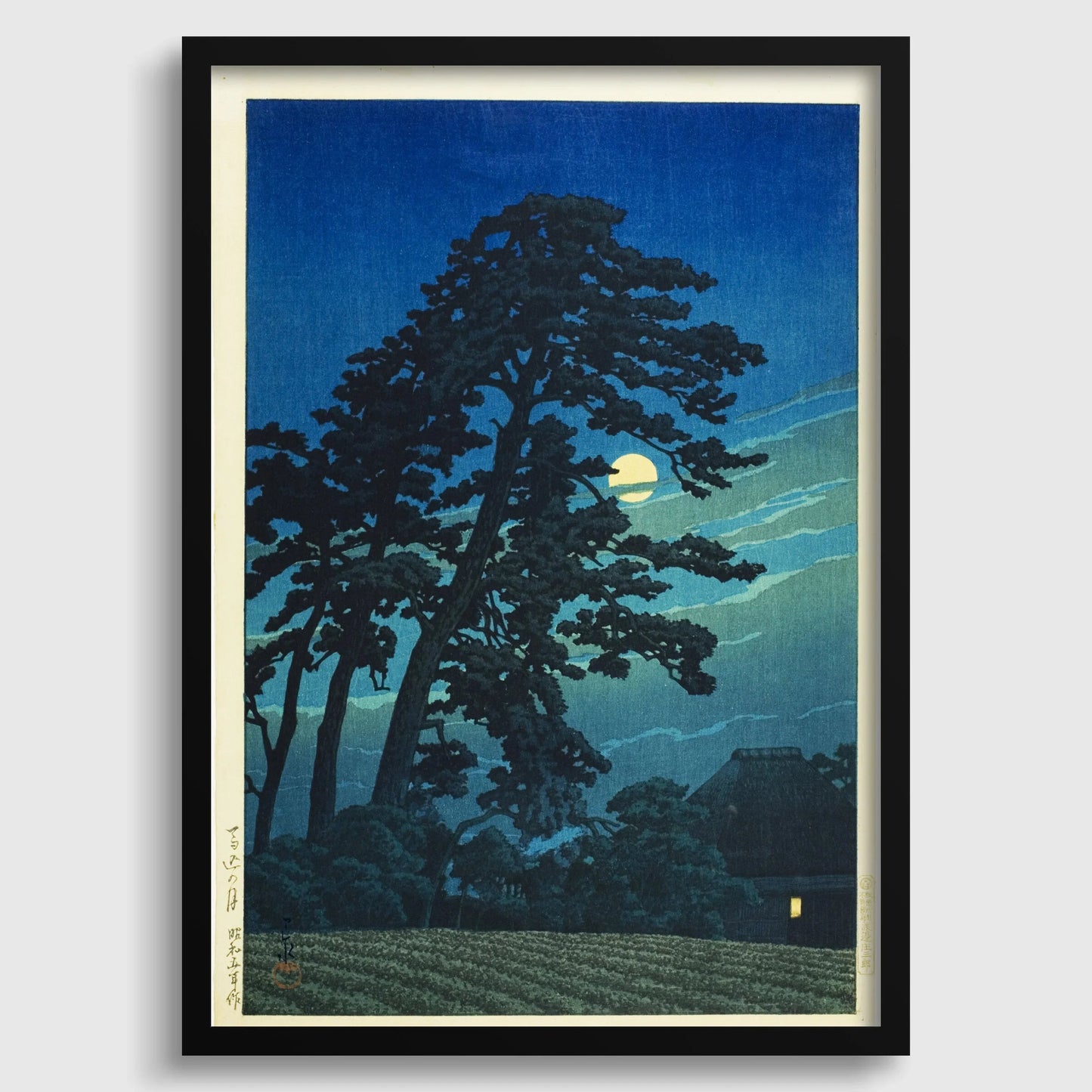 Estampe de Kawase Hasui représentant la lune à Umagome : art ancien japonais sur bois