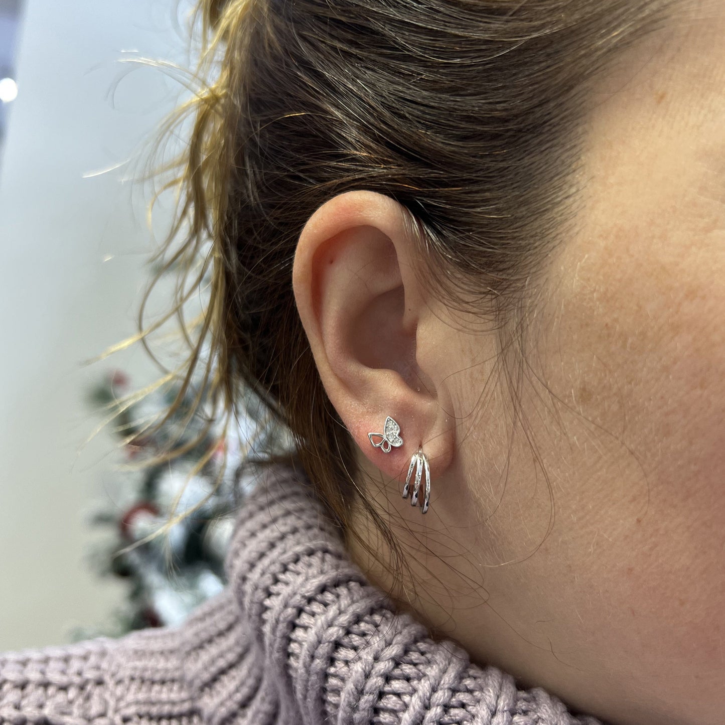 Boucles d'oreilles Huggies 3 rangs en argent sterling