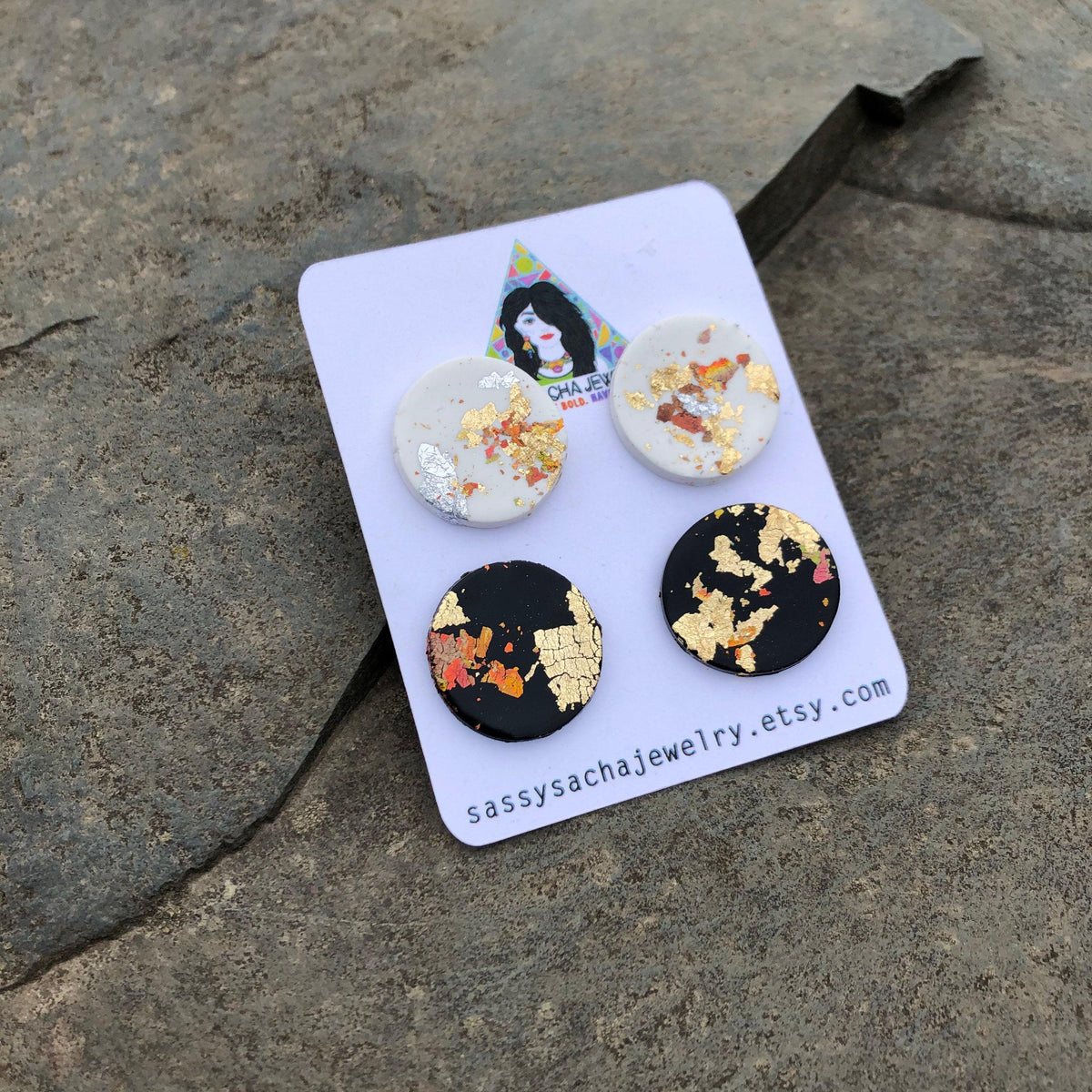 Mixed Metal Foil Earrings Set of 2, Polymer Clay Studs