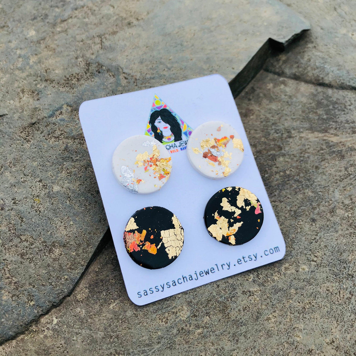 Mixed Metal Foil Earrings Set of 2, Polymer Clay Studs