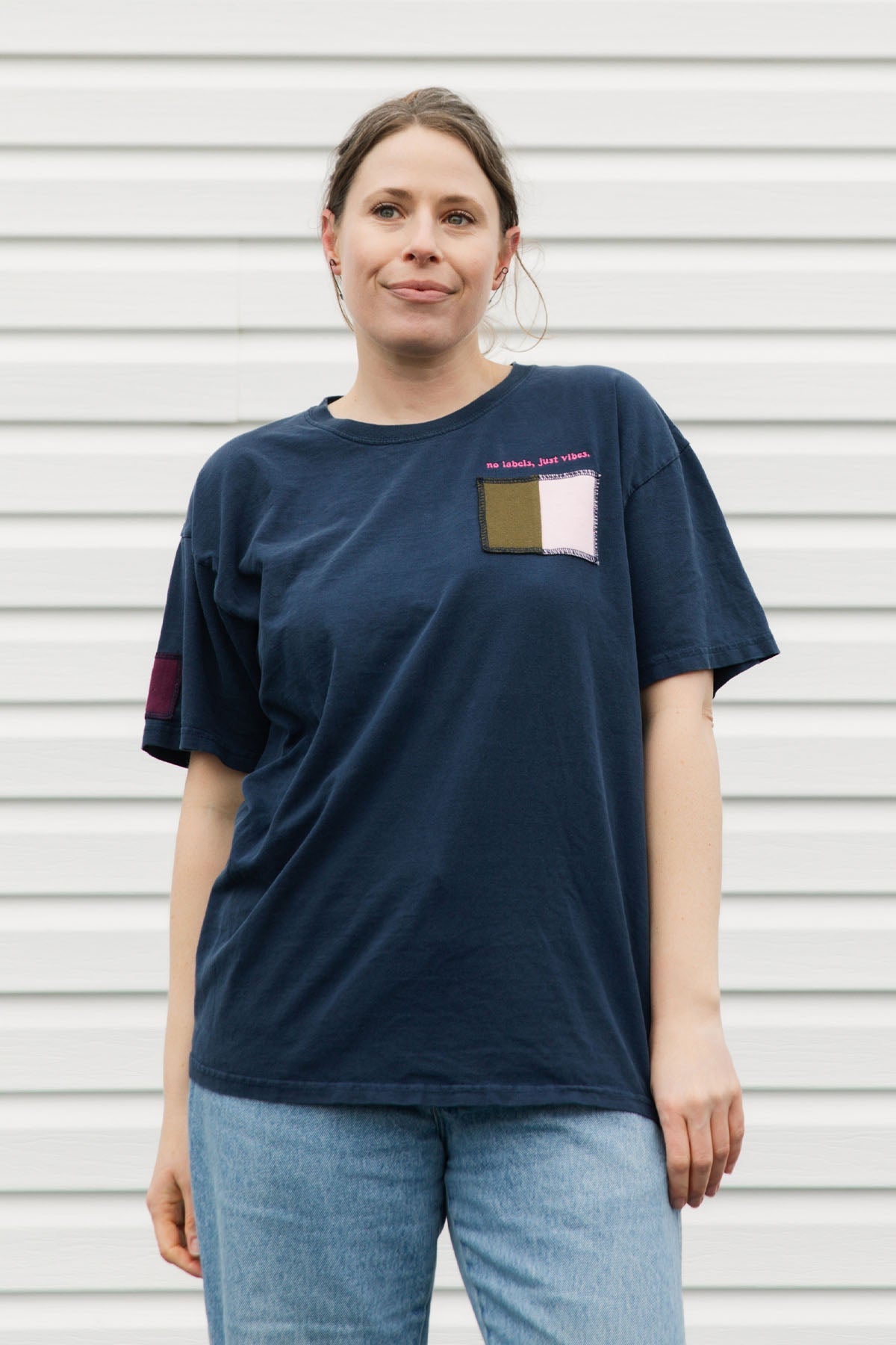 upcycled navy t-shirt with Pantone swatches {large}
