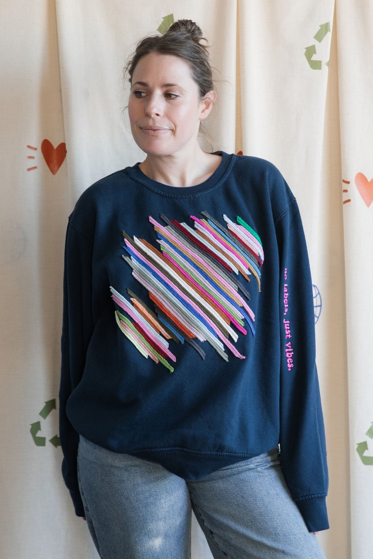 navy upcycled crewneck with colourful striped motif {x-large}