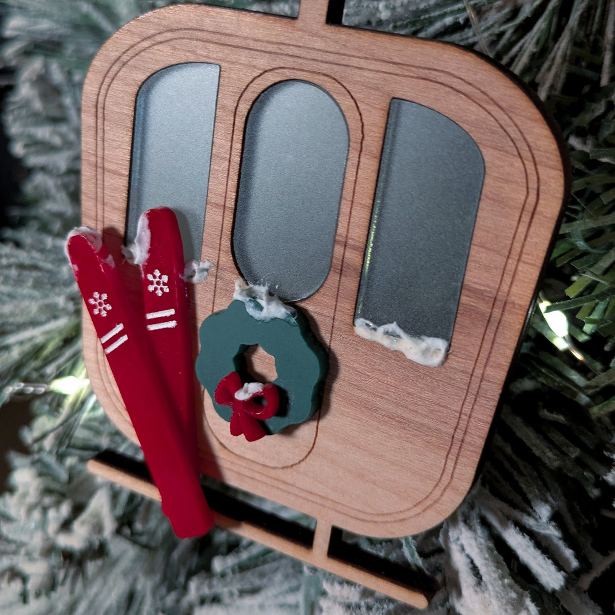 Ski Gondola Christmas Ornament – Wooden Ski Lift Decoration with Wreath & Skis