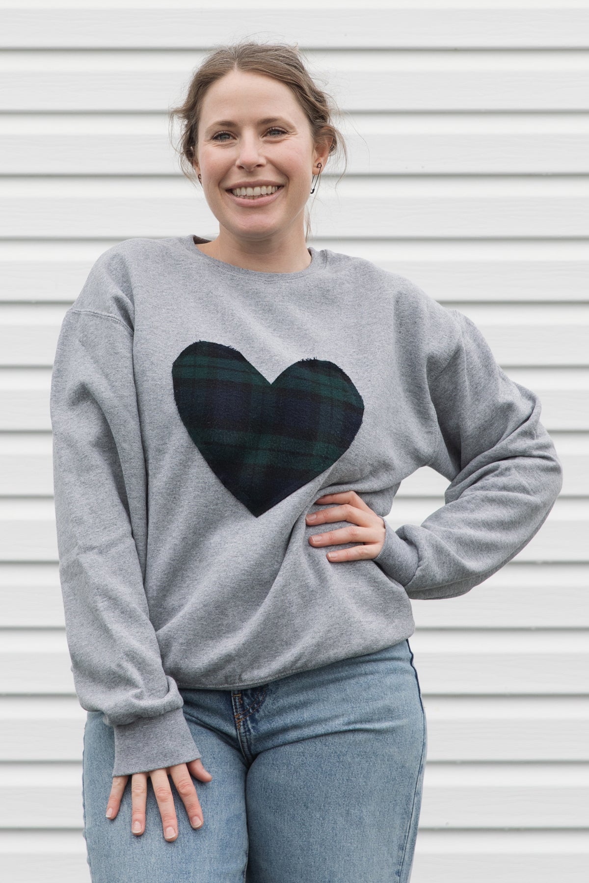 Green Plaid Heart | Light Grey Sweater {various sizes}