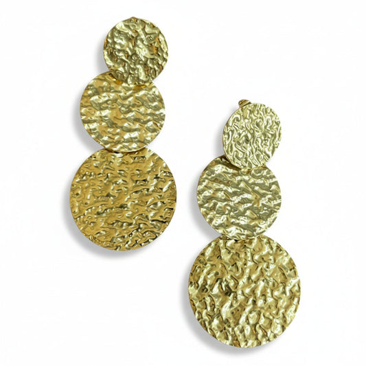 Triple Disc Beaten Earring - Gold Stainless Steel