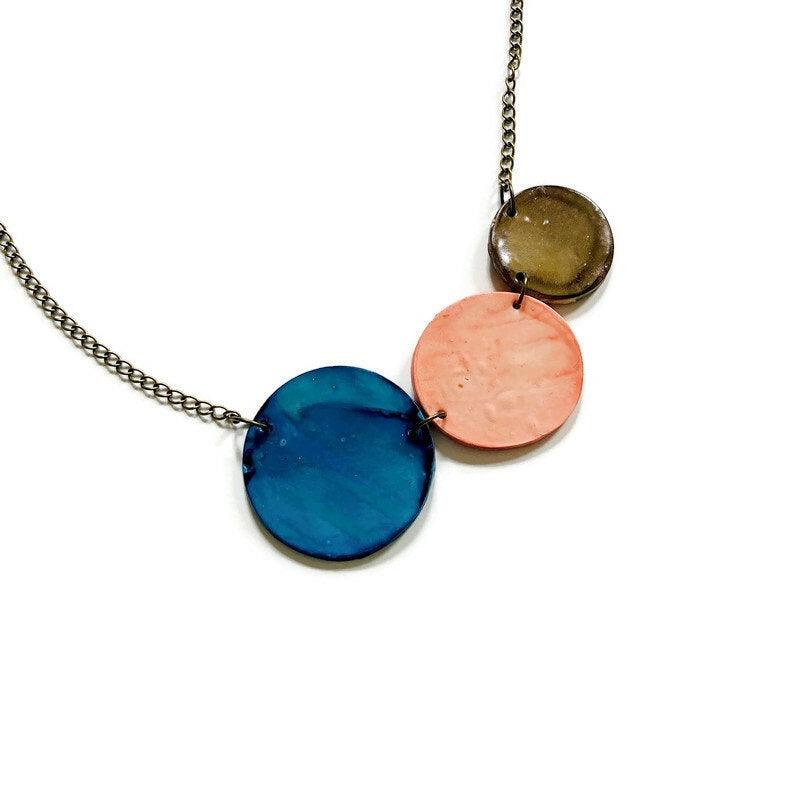 Three Circle Necklace in Denim Blue, Dusty Pink & Grey