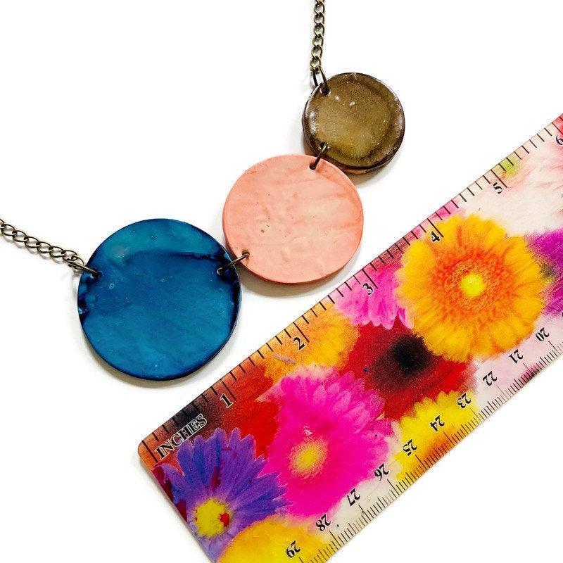 Three Circle Necklace in Denim Blue, Dusty Pink & Grey