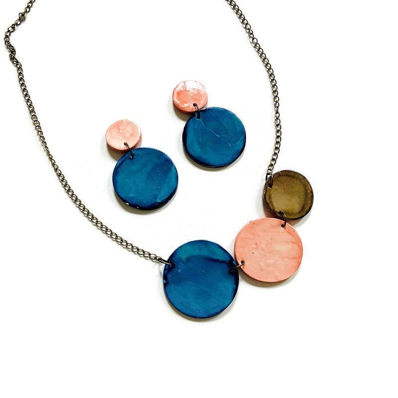 Three Circle Necklace in Denim Blue, Dusty Pink & Grey