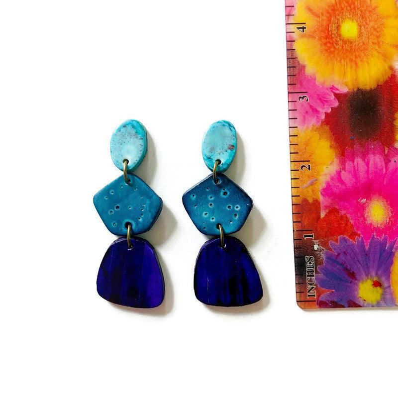 Tri Tone Blue Statement Earrings Handmade, Post or Clip Ons