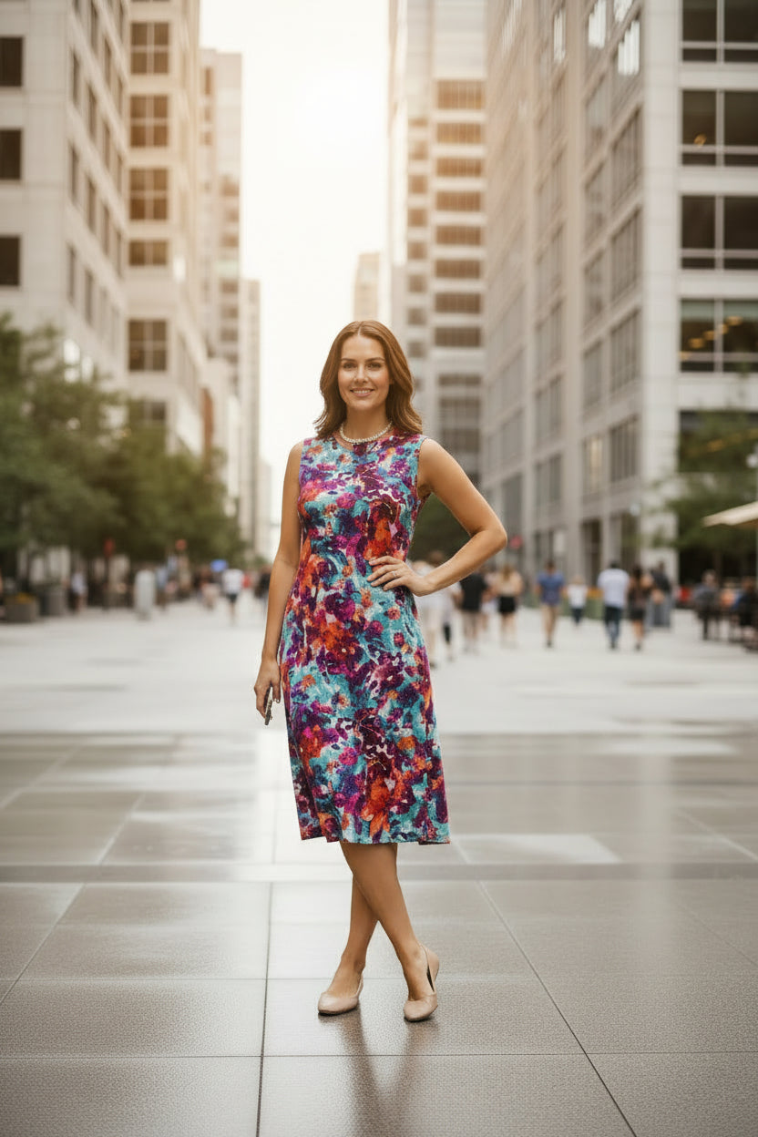 Watercolour Floral Print Sleeveless Dress