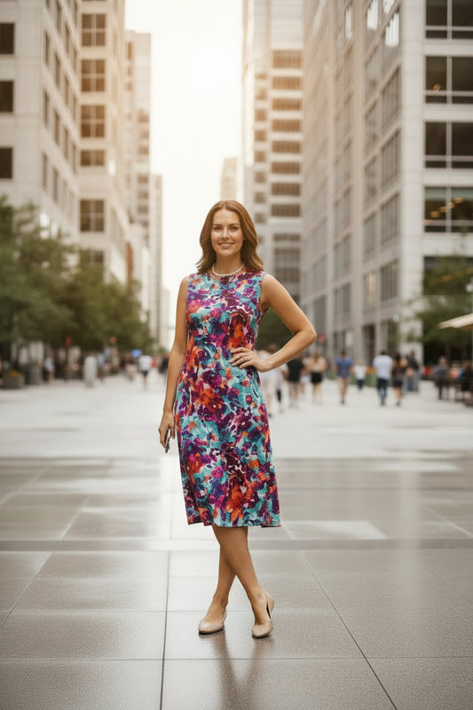 Watercolour Floral Print Sleeveless Dress
