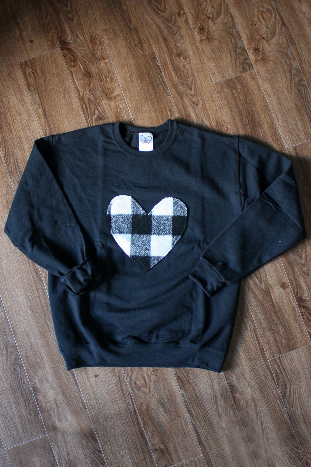 White Plaid Heart | Black Crewneck Sweater