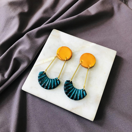 Yellow and Teal Earrings Handmade from Clay & Long Brass Bars- "Kia"