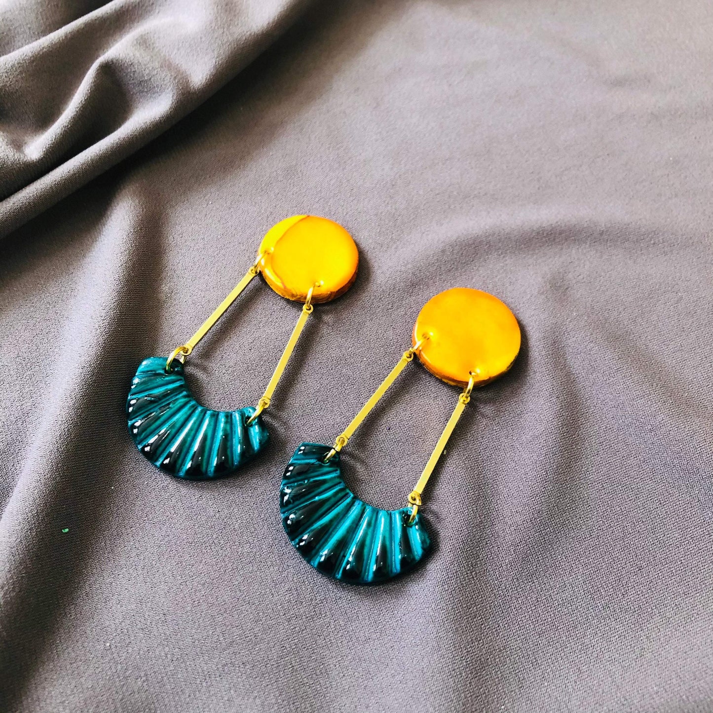 Yellow and Teal Earrings Handmade from Clay & Long Brass Bars- "Kia"