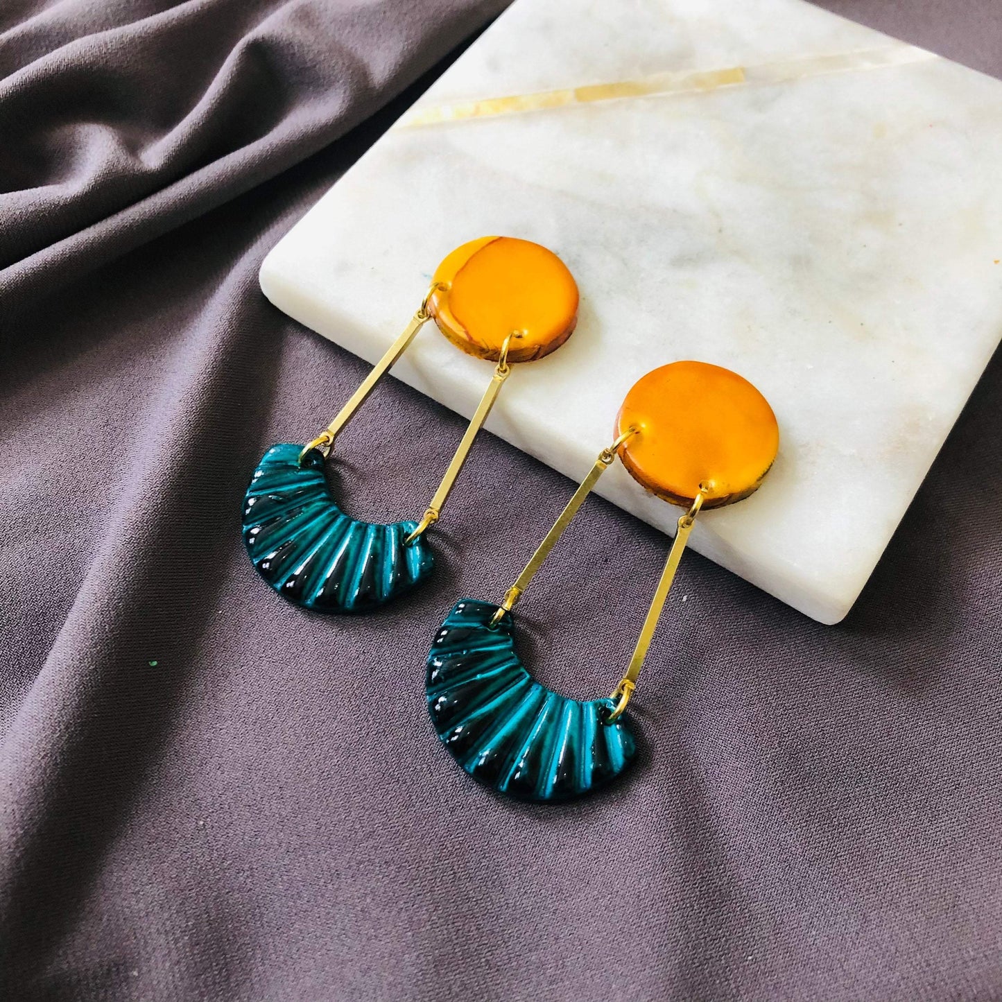 Yellow and Teal Earrings Handmade from Clay & Long Brass Bars- "Kia"