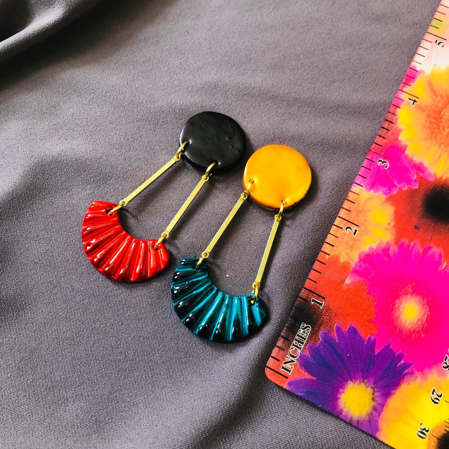 Yellow and Teal Earrings Handmade from Clay & Long Brass Bars- "Kia"